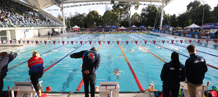 Coaches on pool deck at warm up